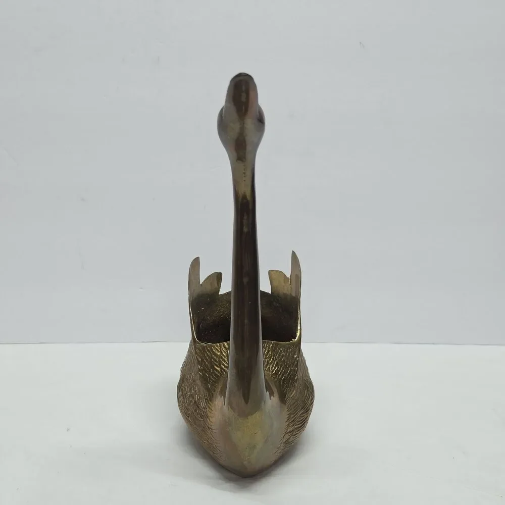 Vintage Cast Brass Swan Planter Mid-Century MCM 12 Inches Tall Made In Korea
